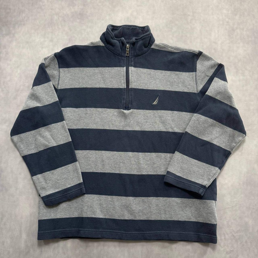 Nautica Quarter Zip Pullover Mens Large Navy‎ Grey Striped Excellent Cotton